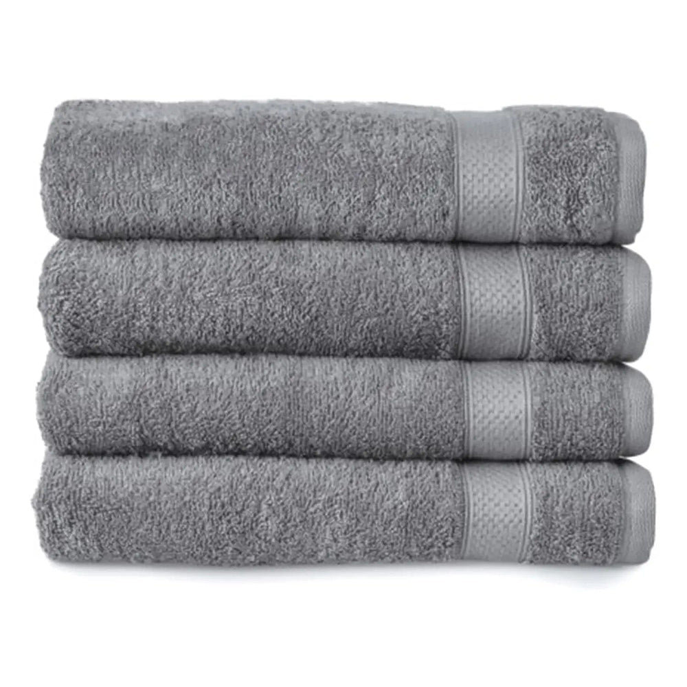 Set of 4 slate grey bath towels folded in a pile