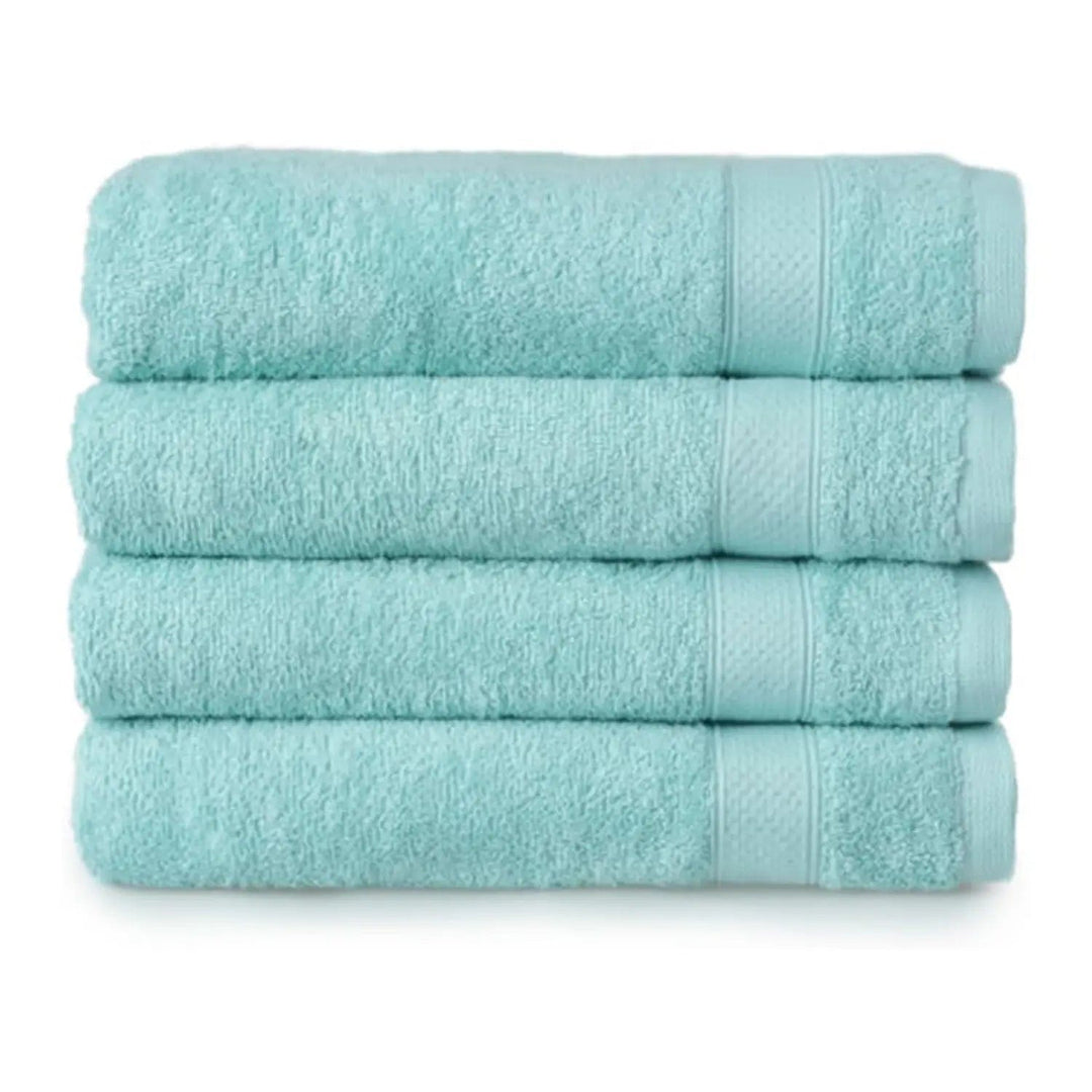 Set of 4 squa blue green bath towels folded in a pile