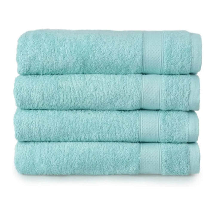 Set of 4 squa blue green bath towels folded in a pile