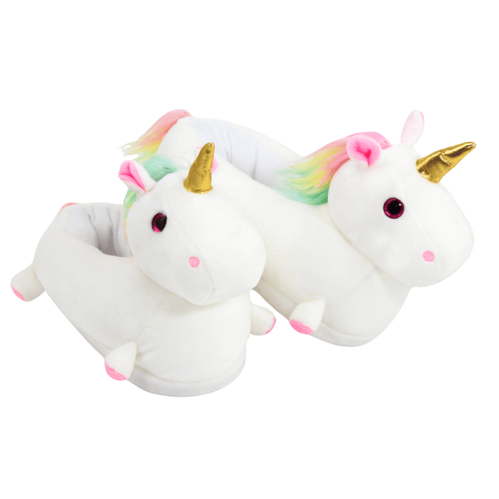 two unicorn slippers featuring gold shimmery horn with rainbow coloured mane and tail details