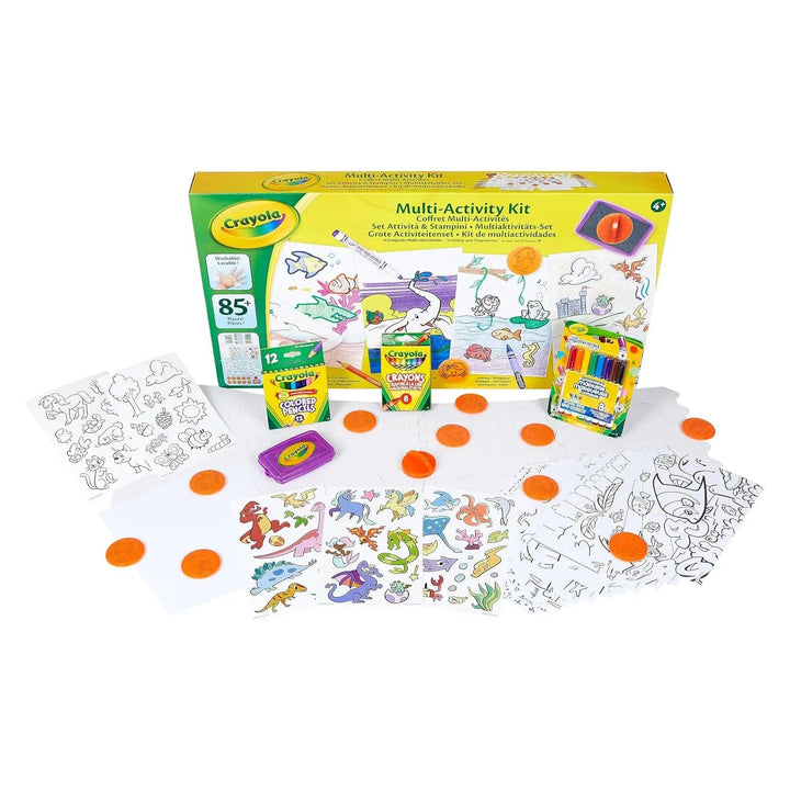 Crayola Multi-Activity Kit box showing contents, including markers, stamps, stencils and stickers