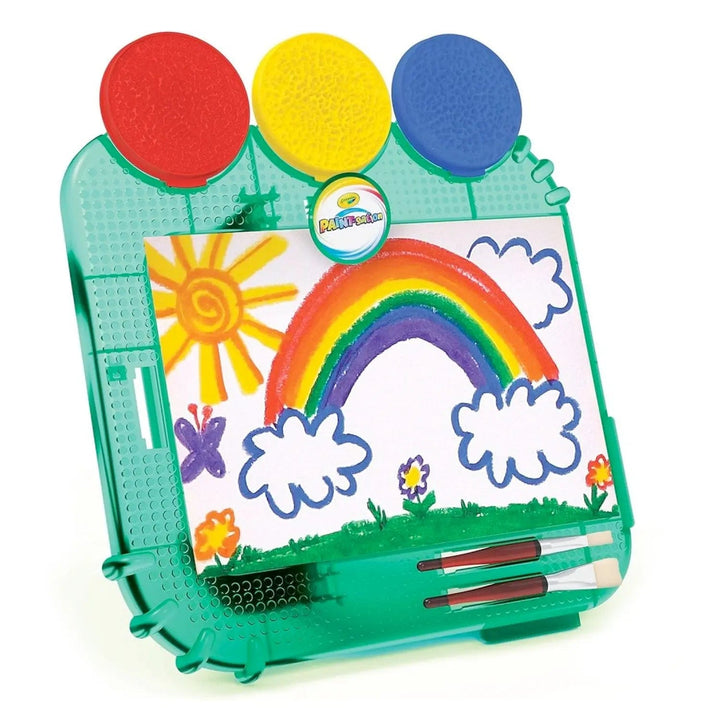 Crayola Paint-sation table top easel with 3 no-mess paint pods, 2 brushes and a clip to hold A4 paper in place