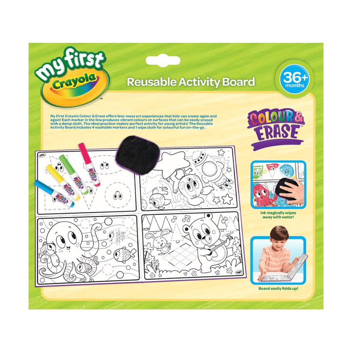 back view of my first crayola packaging with 4 vibrant markers and activity board featuring fun animal characters to colour and erase