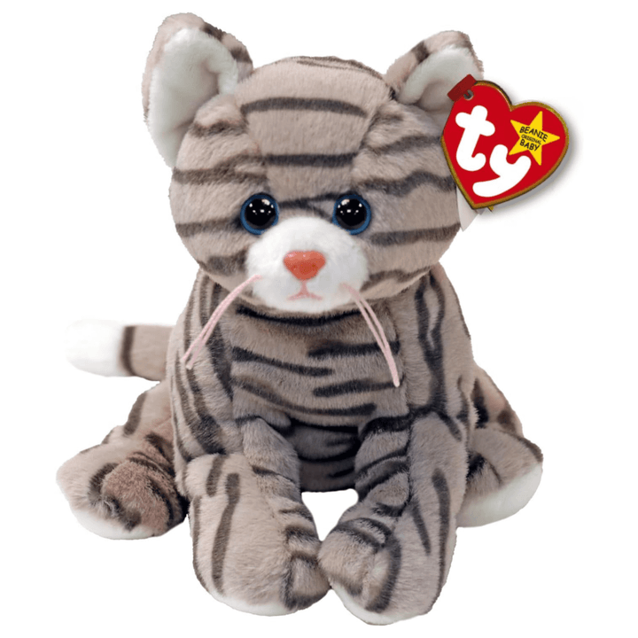 grey stripy cat ty beanie baby on white backgroud