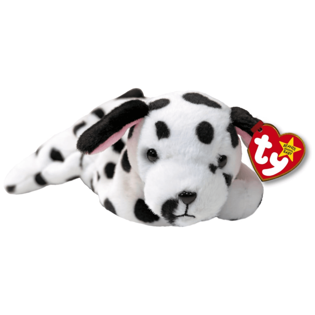 small dalmation dog ty beanie baby lying flat on white background