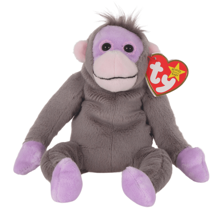 front view of grey and purple monkey beanie baby on white background