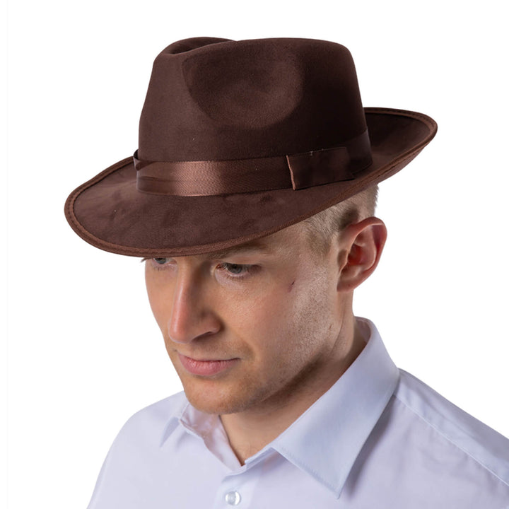 Adults Fedora Hat Quality Brown Suede Explorer Fancy Dress