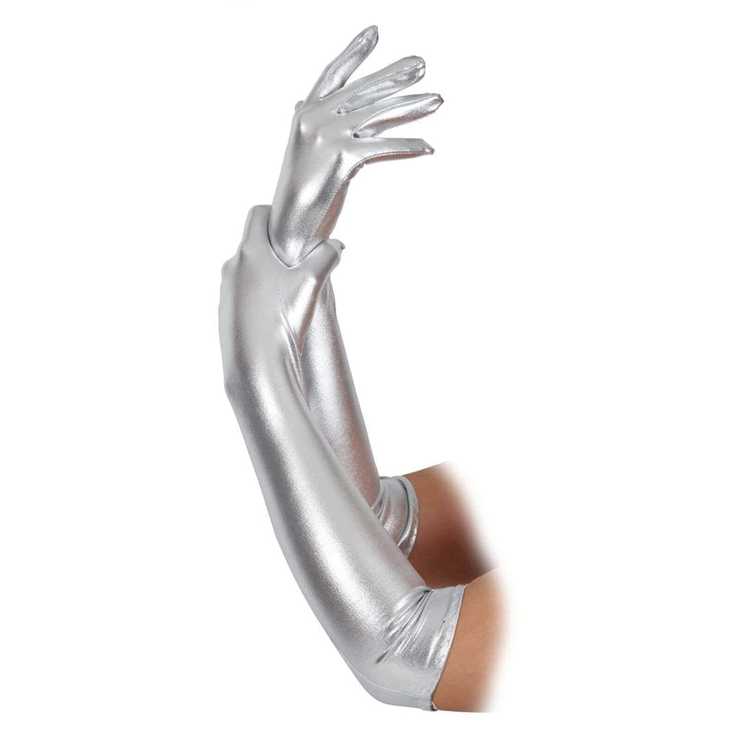 Womens Long Gloves Metallic Finish Glamour Fancy Dress Silver