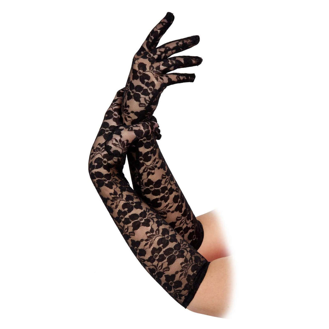 Womens Long Gloves Black Lace Floral Fancy Dress