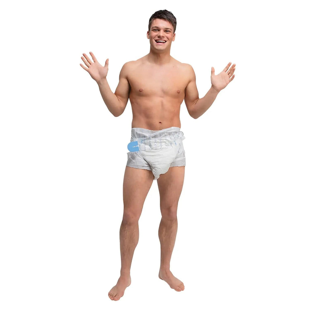 Man wearing a large nappy with big safety pin for stag night party