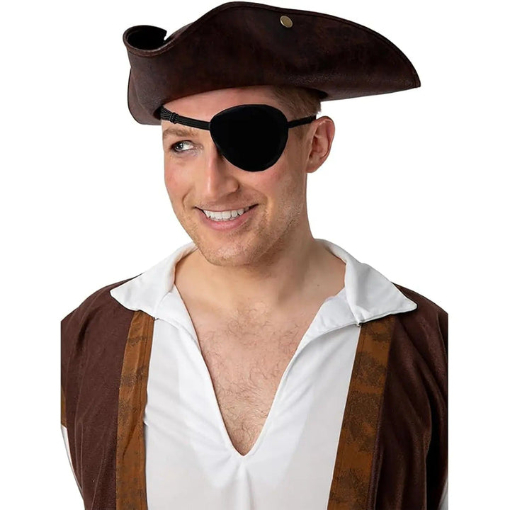 Man wearing a pirate hat and black satin eye patch for fancy dress halloween party