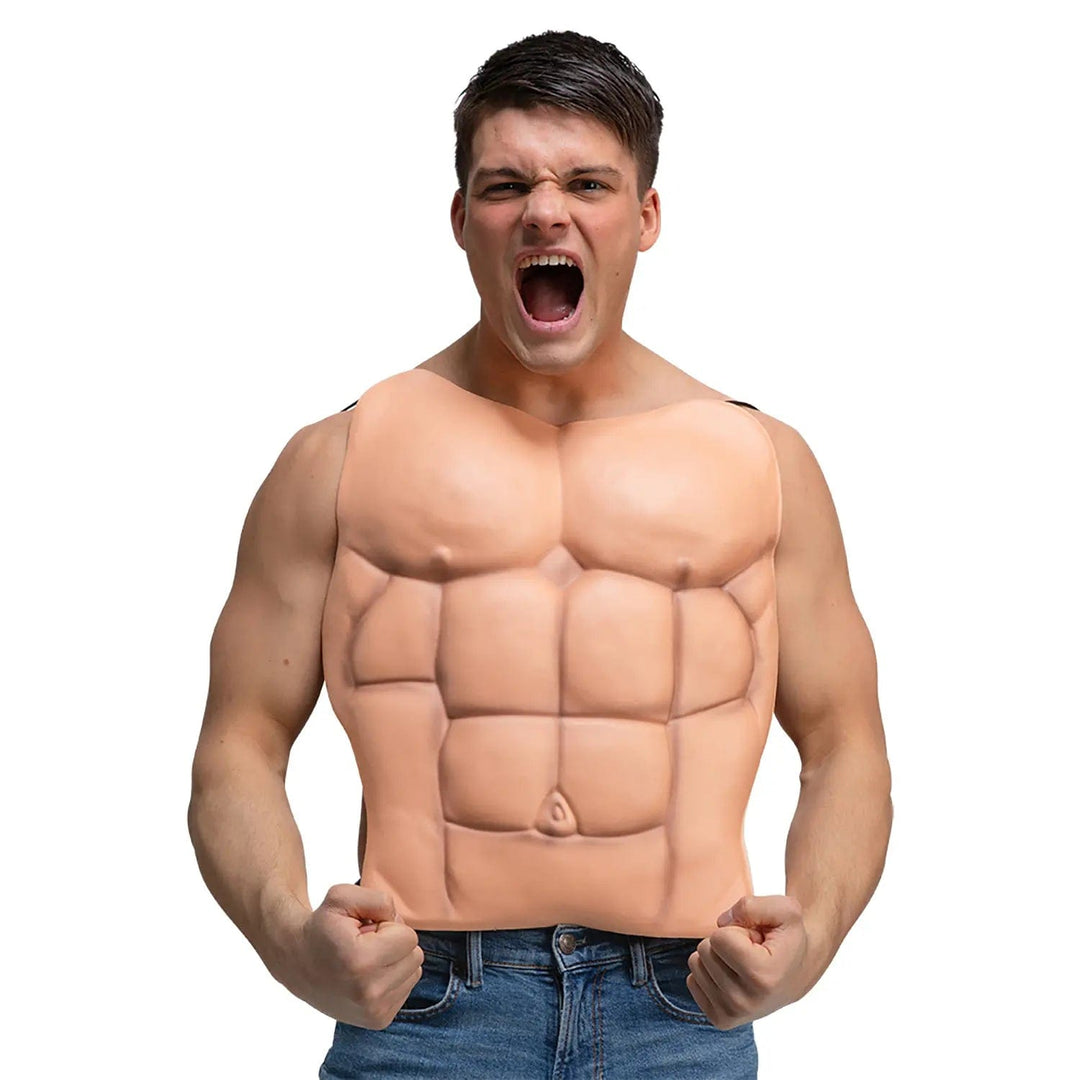 Male model wearing an instant muscle chest for fancy dress costumes