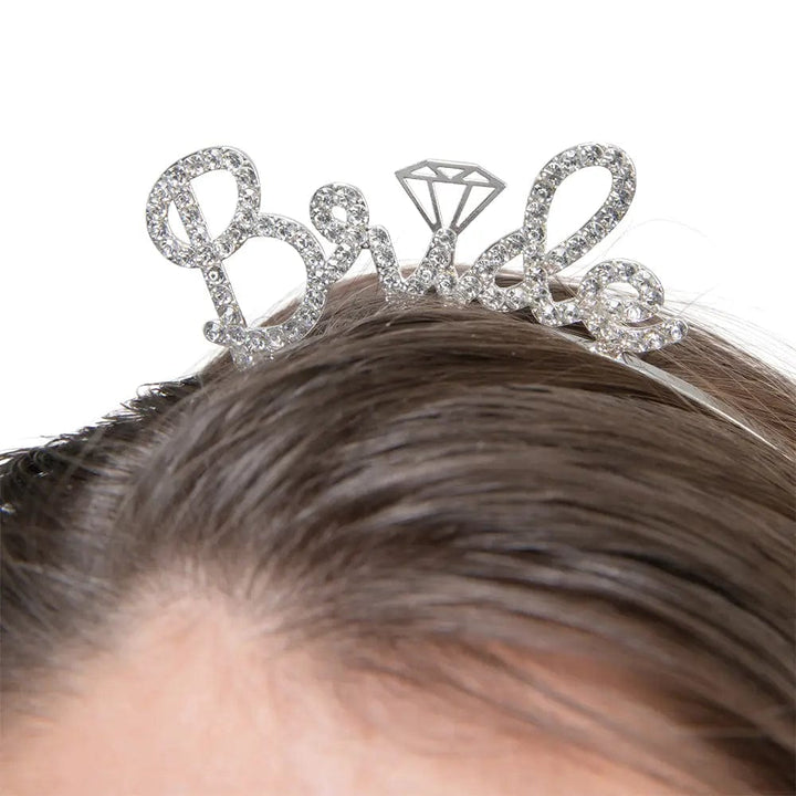 Close up of the word Bride in diamante with diamond jewel icon headband for hen nights