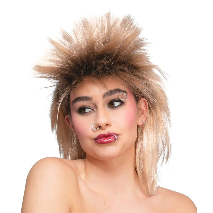 Lady wearing a punk wig and silver fake piercing rings in her ears, lip, nose and eyebrow