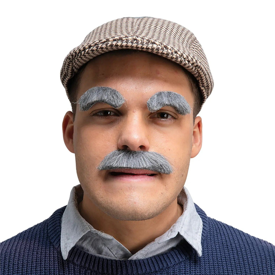 Man wearing a flat cap, grey eyebrows and moustache for old guy fancy dress costumes