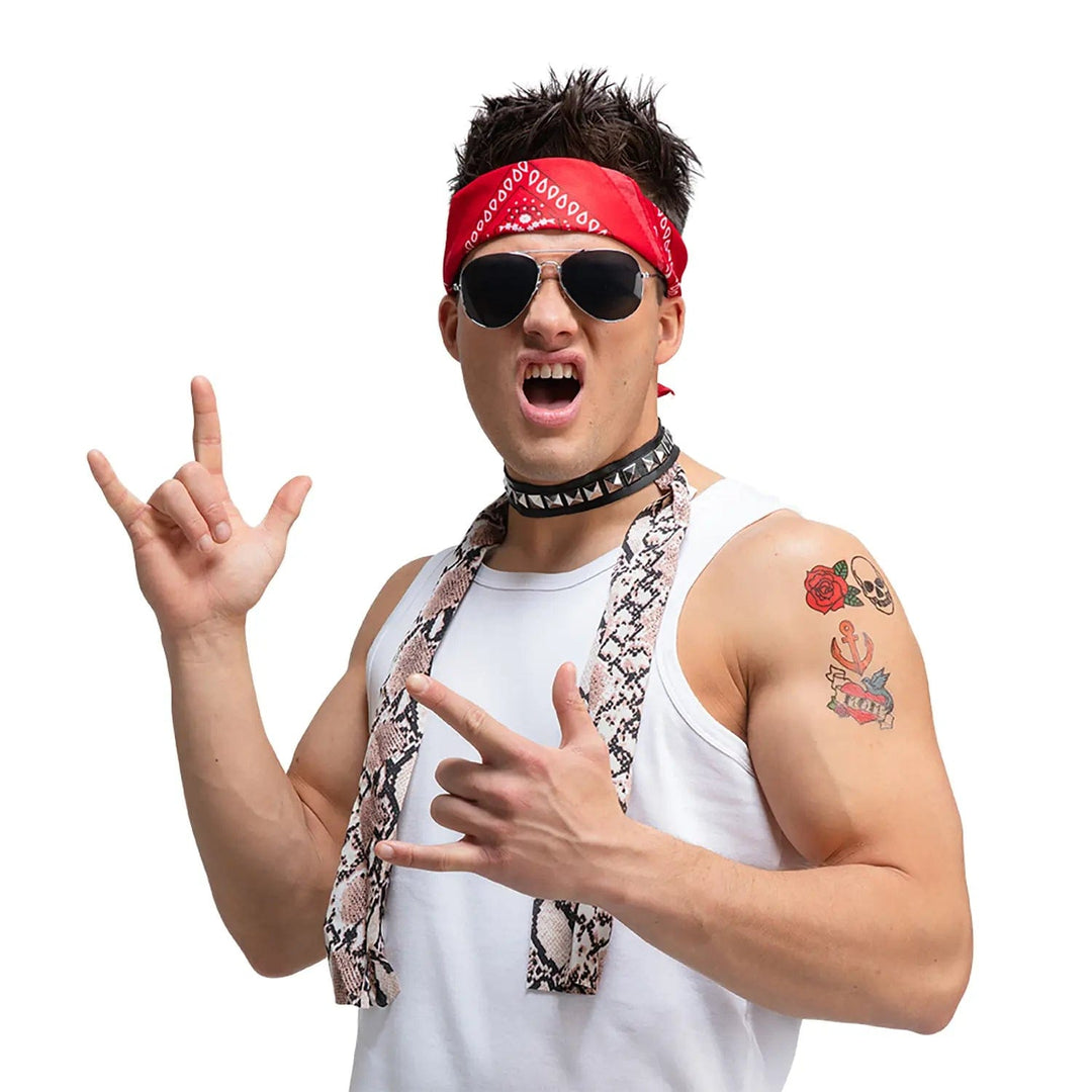 Man wearing a 4 piece 80s rock or heavy metal accessories set for Halloween of 80s theme fancy dress parties