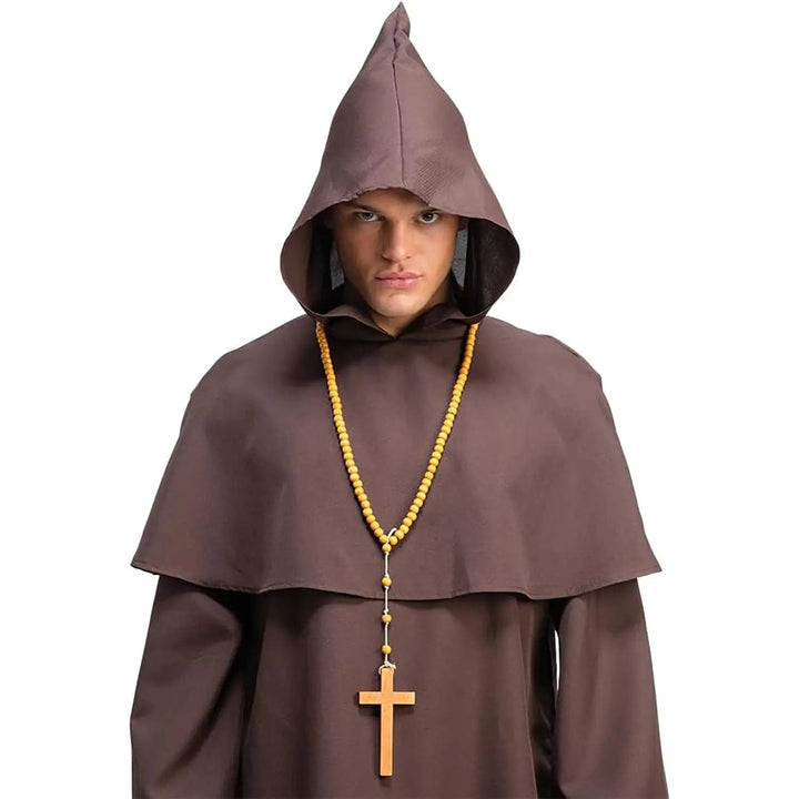 Man wearing a brown monks robe with hood and wooden cross on a beaded chain