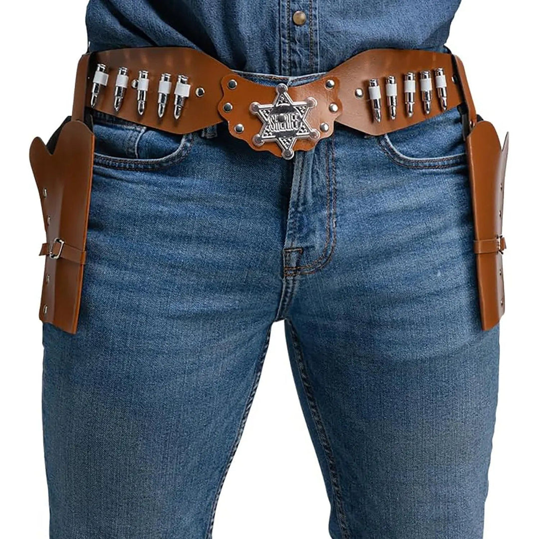 Adult wearing a brown faux leather double holster cowboy belt with silver sheriff badge, over a pair of jeans and denim shirt