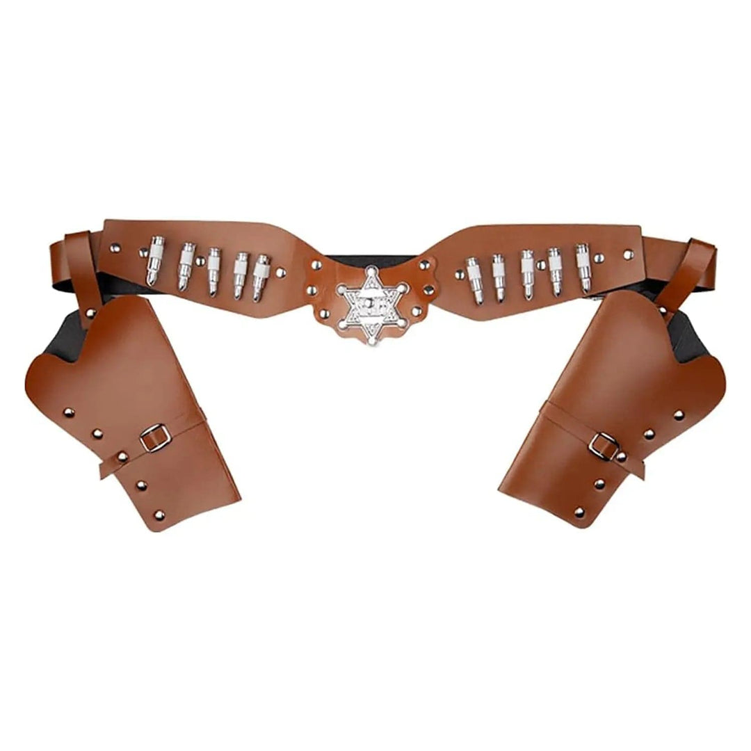 Cowboy belt in brown faux leather with 2 holsters and fake bullets