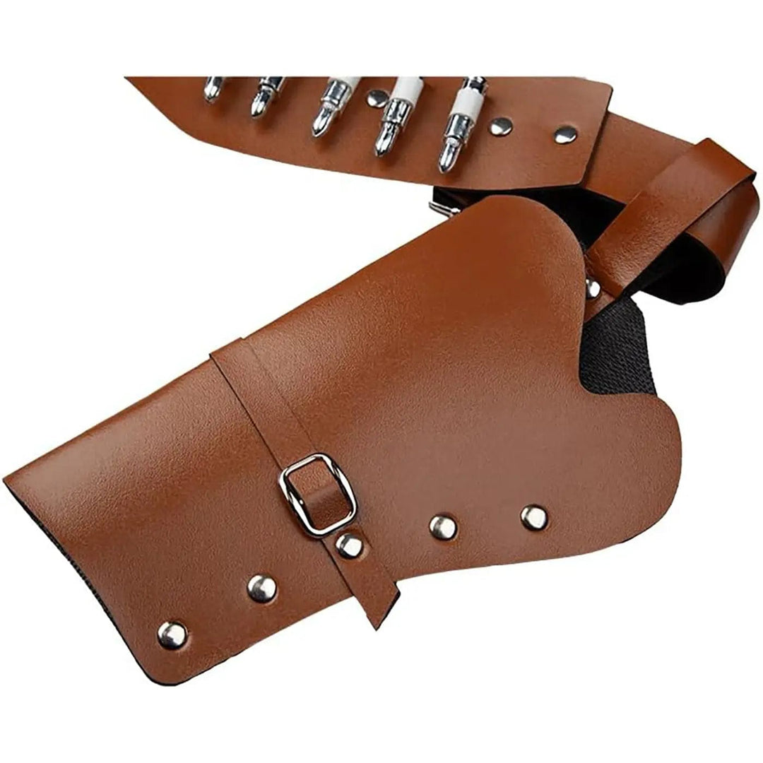 Close up of a cowboy gun holster in brown faux leather