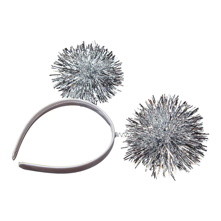 Silver tinsel head boppers on a silver headband