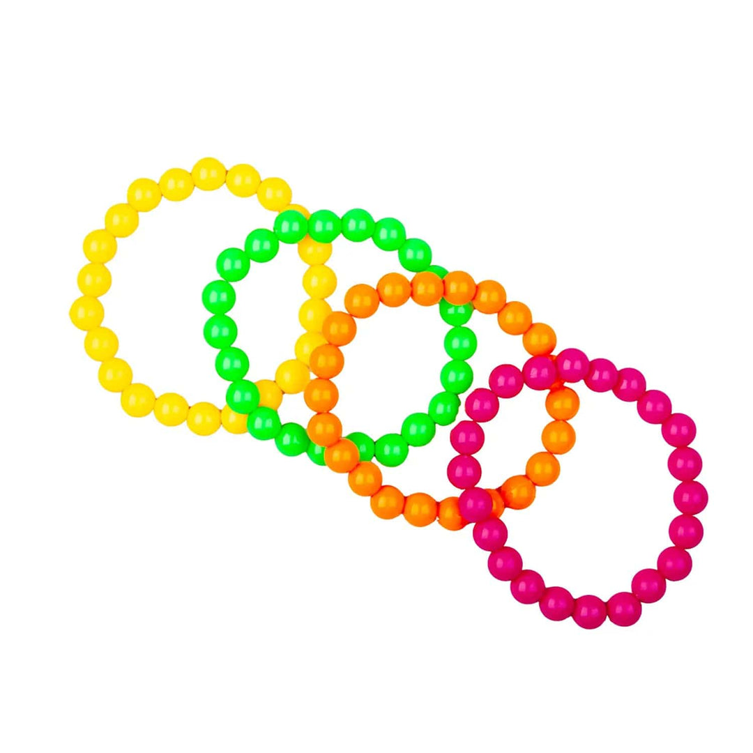 Set of 4 brightly coloured neon beaded bracelets for 1980s theme fancy dress costumes