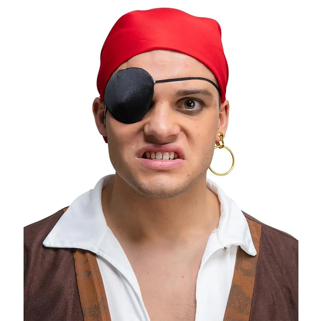 Man dressed as a pirate with a red bandana, black eye patch and a gold earring