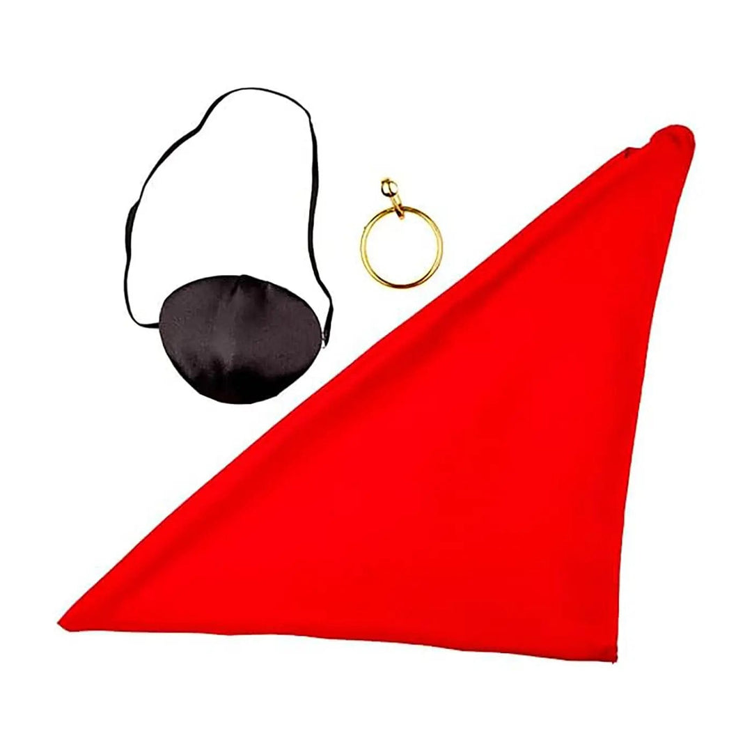 3 piece pirate accessories set with red bandana, eye patch ad a gold plastic earring