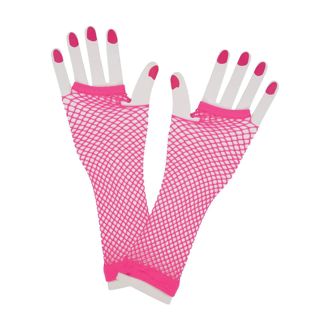 Long Fishnet Gloves Neon 1980s Fancy Dress Pop Disco Neon Pink