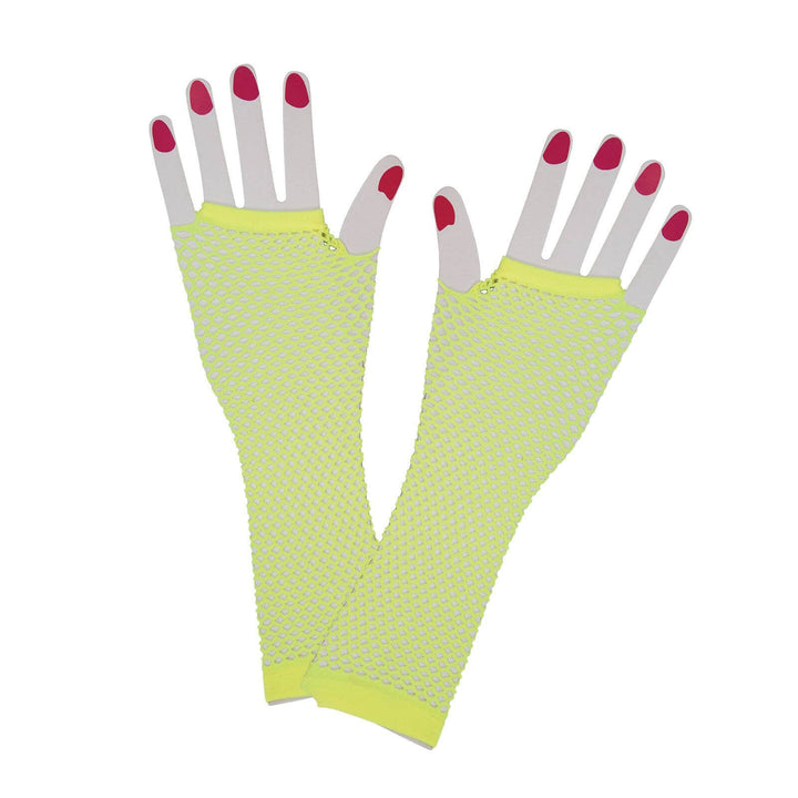 Long Fishnet Gloves Neon 1980s Fancy Dress Pop Disco Neon Yellow