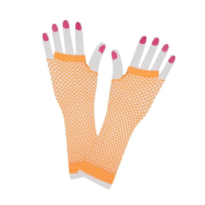 Long Fishnet Gloves Neon 1980s Fancy Dress Pop Disco Neon Orange