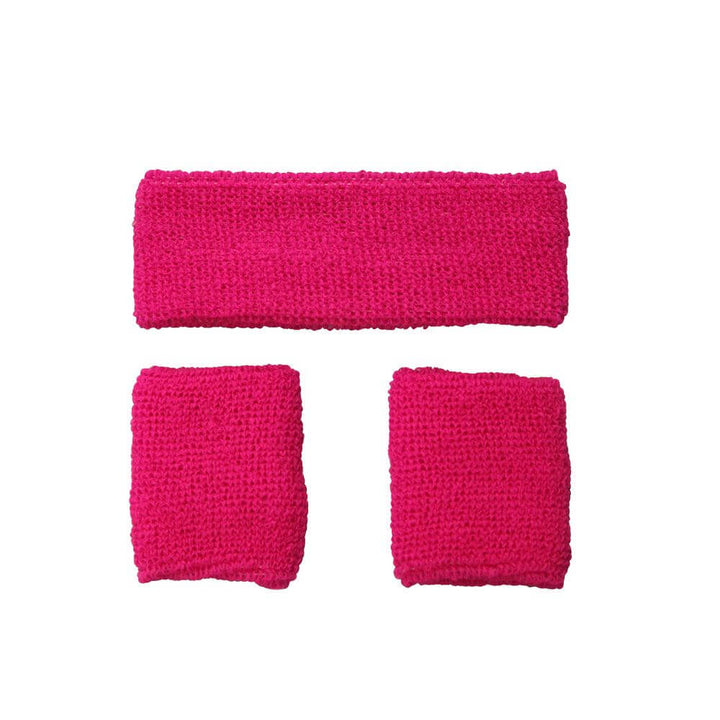 Sweatband & Wristbands Set Neon 80s Fitness Fancy Dress Neon Pink