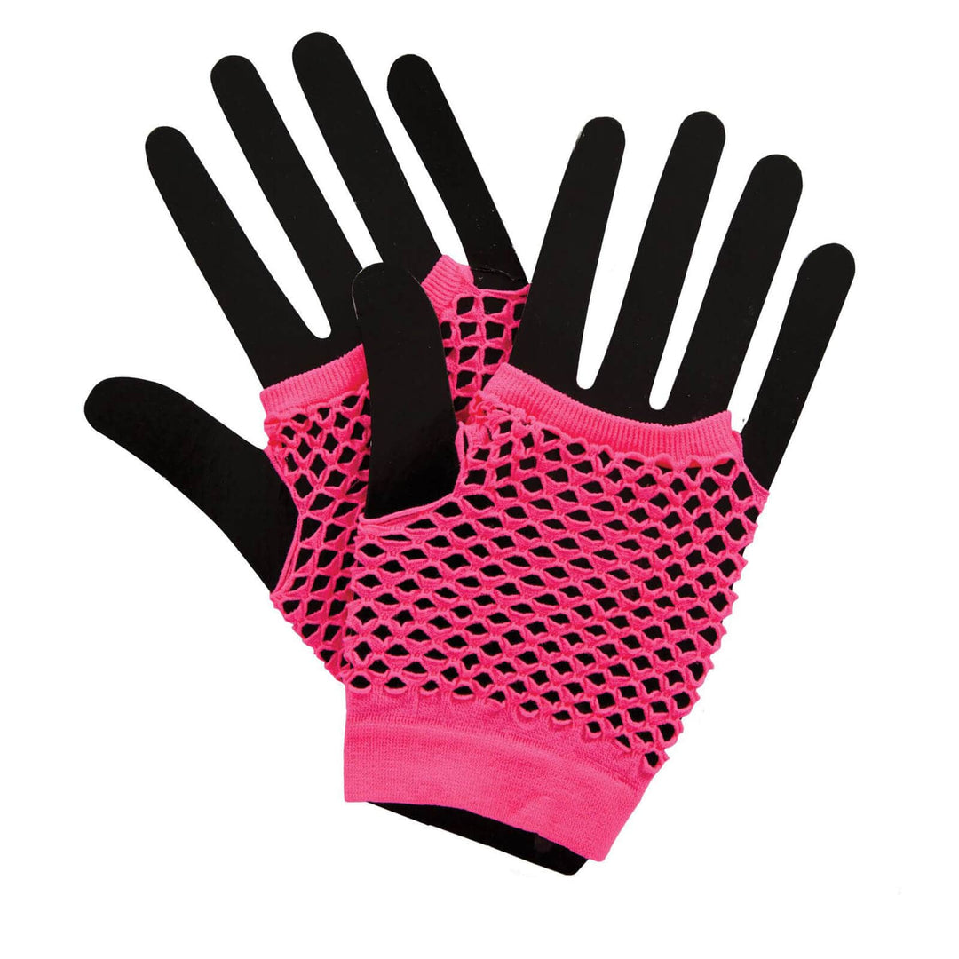 Womens Fingerless Gloves Fishnet Neon 1980s Fancy Dress Neon Pink