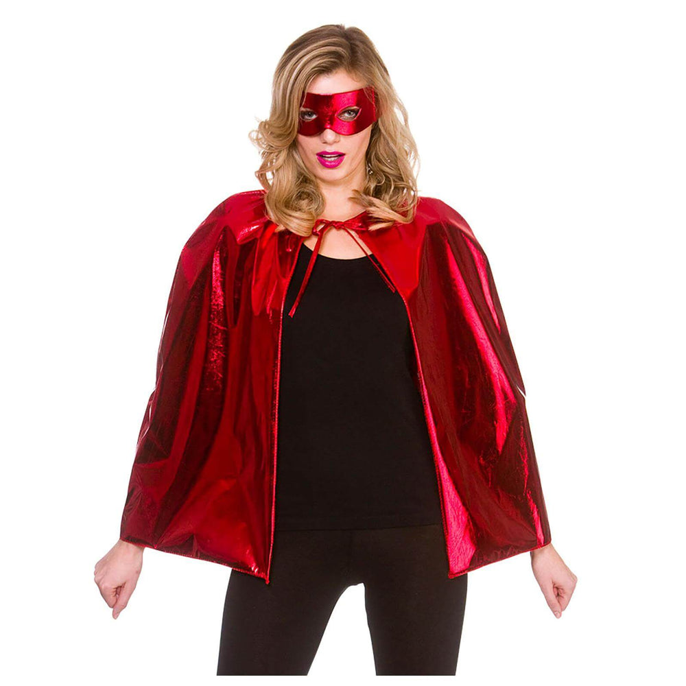 Adults Metallic Superhero Cape With Mask Fancy Dress Red