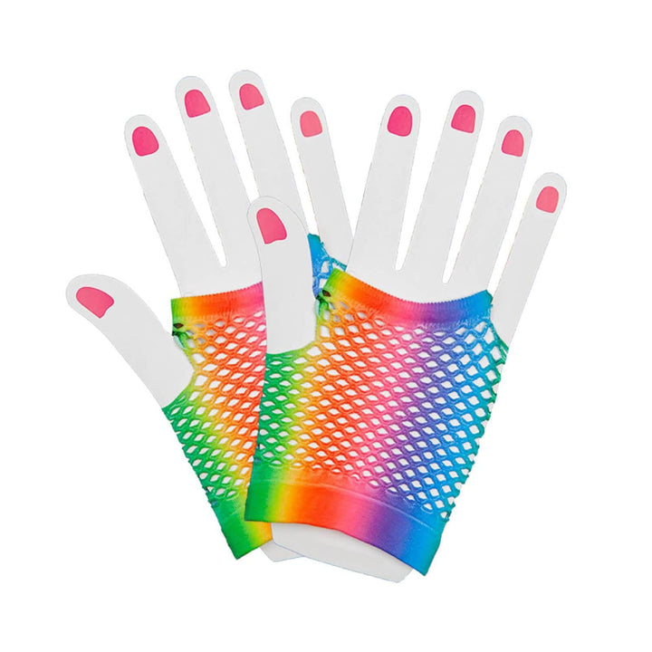 Womens Fingerless Gloves Fishnet Neon 1980s Fancy Dress Rainbow