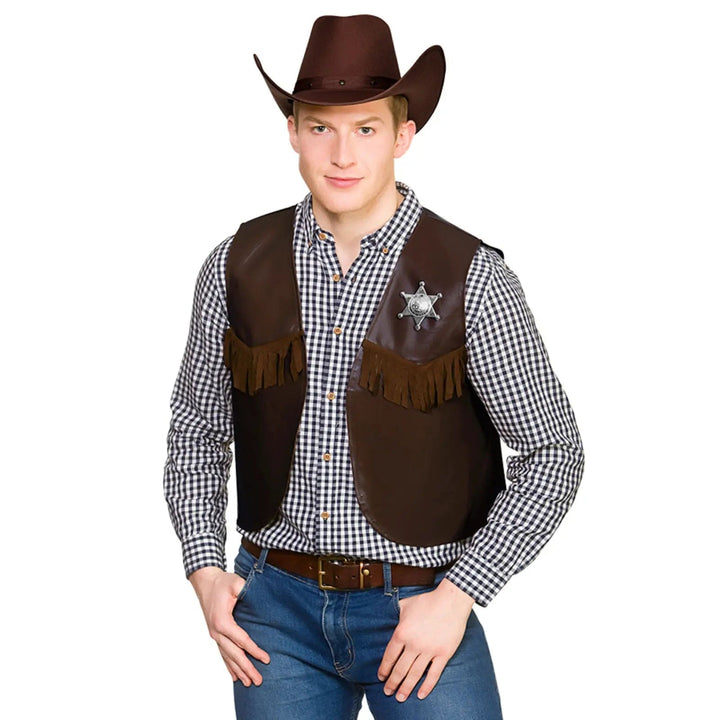 Man wearing a dark brown sheriff waistcoat and cowboy hat for Wild West fancy dress costumes