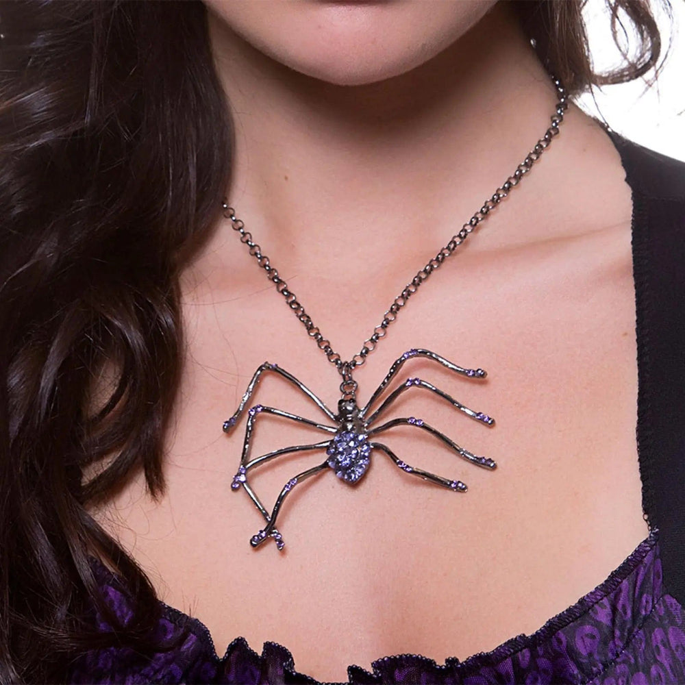 Close up of a diamante spider necklace for Halloween costumes