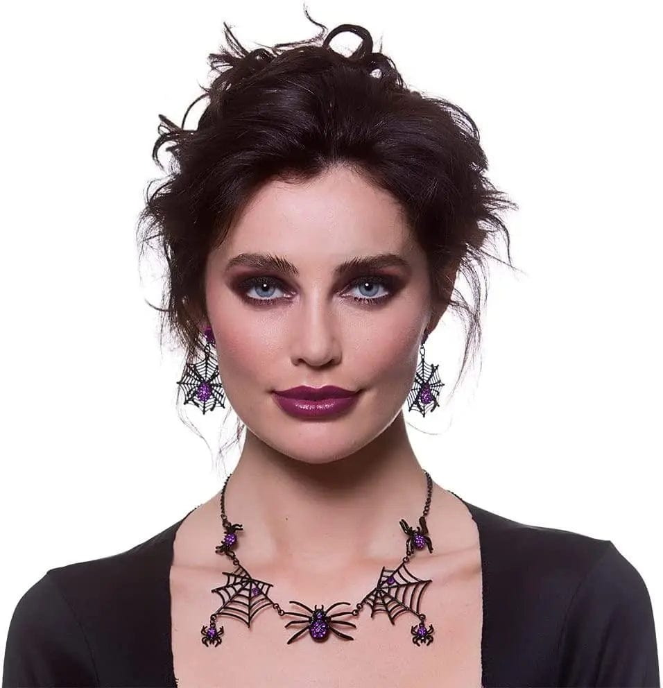 Model wearing a black necklace andearrings set with spiders decorated with purple jewels for Halloween costumes