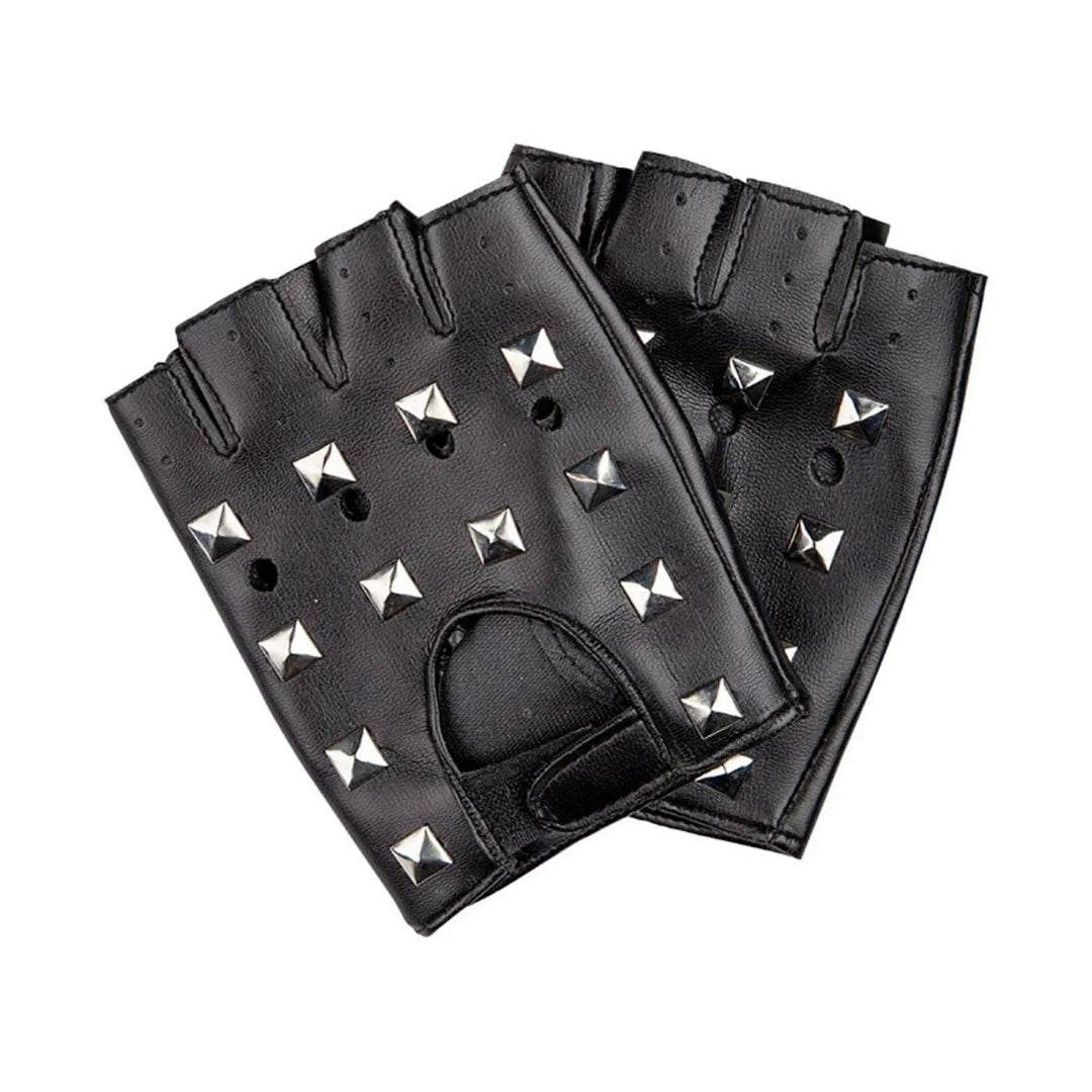 Pair of black fingerless biker gloves with silver studs for fancy dress costumes