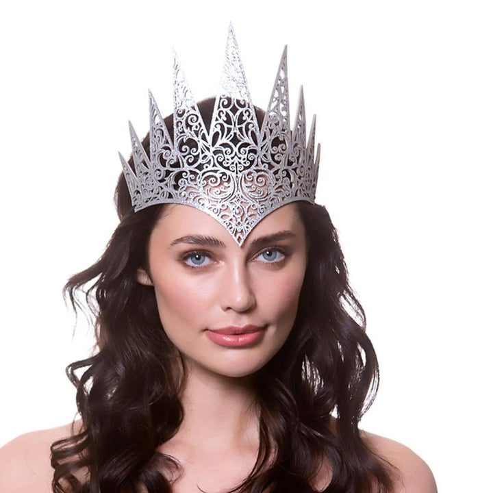 Lady wearing a silver metallic effect fantasy crown for Gothic queen fancy dress costumes