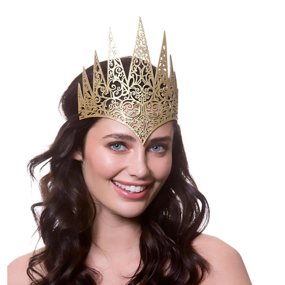 Young woman wearing a gold metallic effect fantasy crown for Gothic queen fancy dress costumes