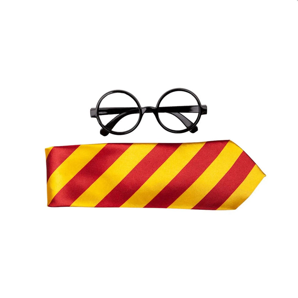 Black round rimmed glasses and a gold and red striped tie for Wizard Potter fancy dress costumes