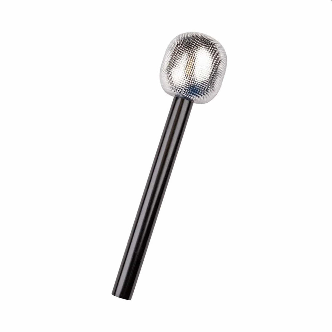 Large silver microphone with black handle in plastic for fancy dress costumes