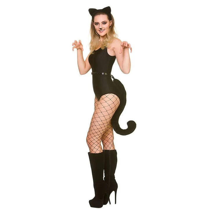 Model wearing a black cat ears and giant tail set for fancy dress parties