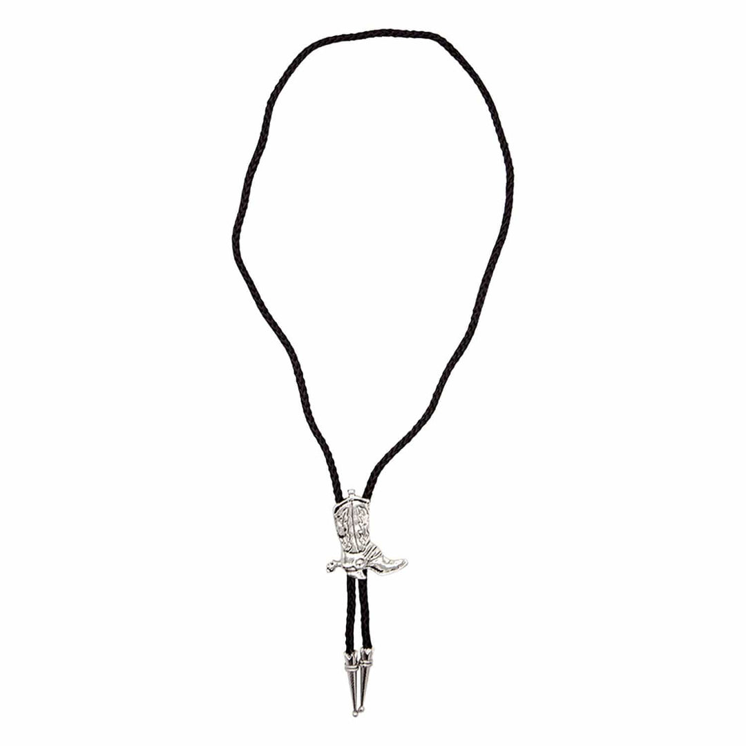 Black shoestring cord tie with silver cowboy boot toggle and silver tips