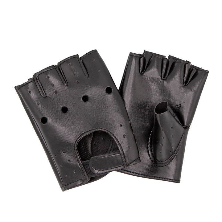 Pair of black leather fingerless gloves for biker costumes