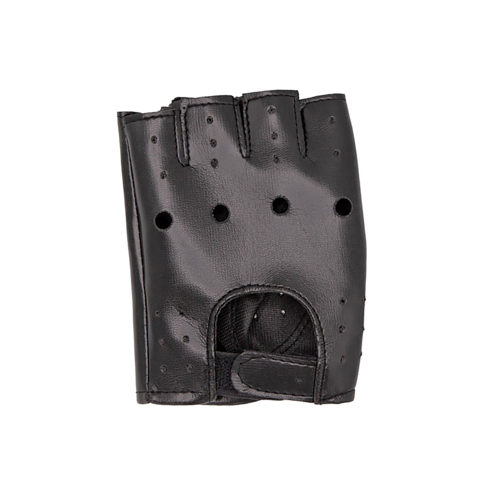 Black leather fingerless glove with wrist strap on a white background