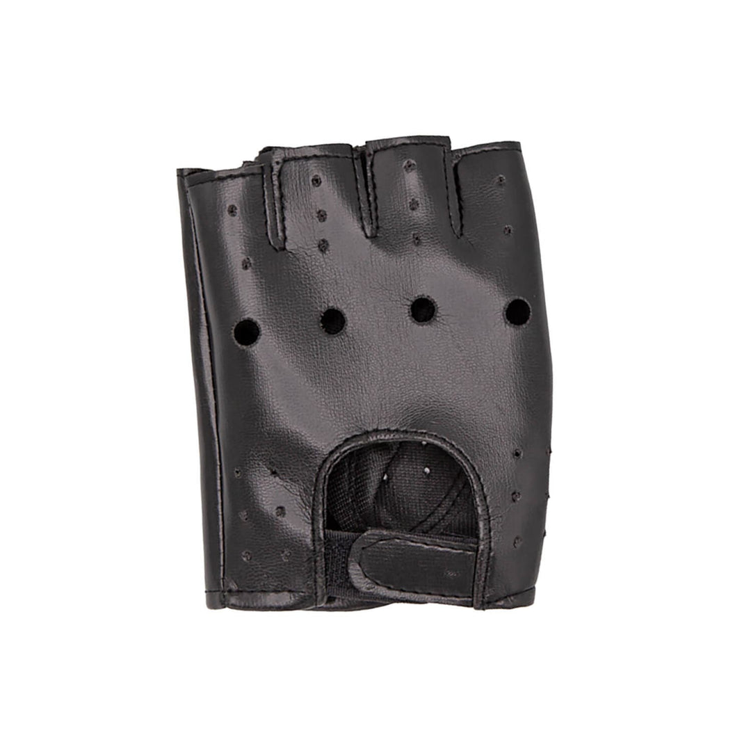 Black leather fingerless glove with wrist strap on a white background