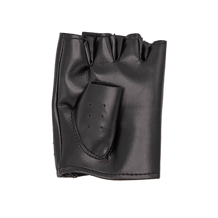 Black leather glove with fingerless design on a white background