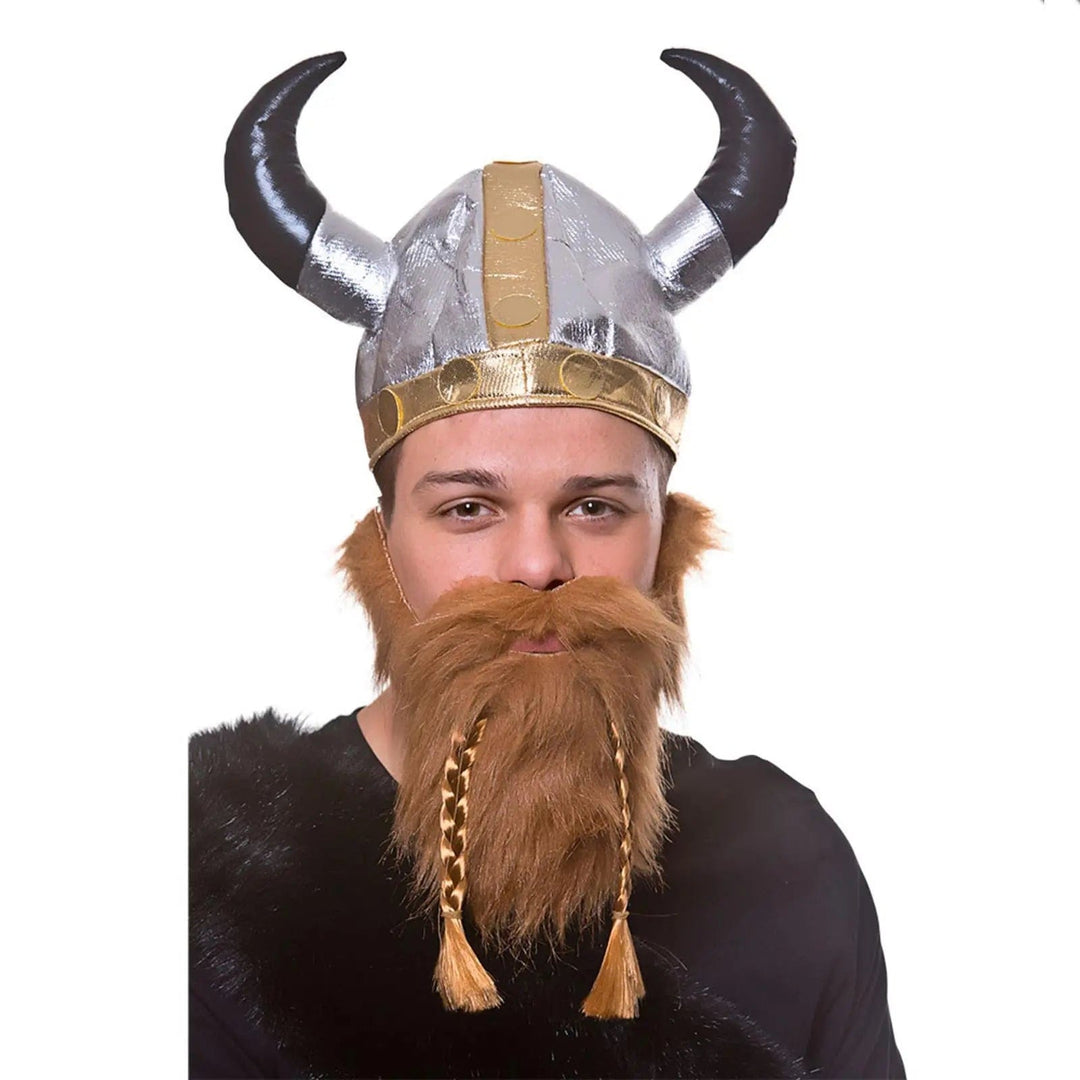 Man wearing a viking helmet and beard with plaits for fancy dress costumes